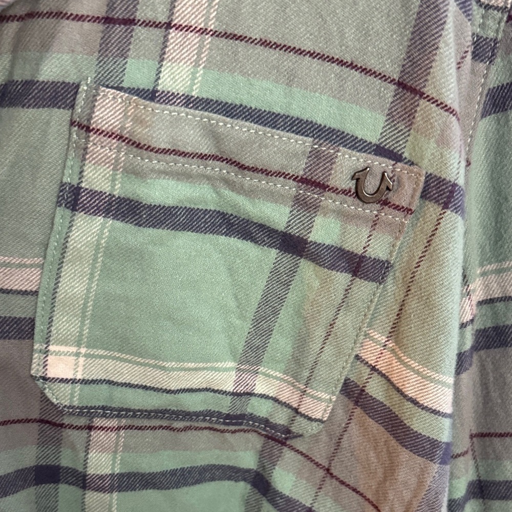 True Religion Y2K Plaid Flannel Shirt Distressed Hem Size L - Picture 4 of 7